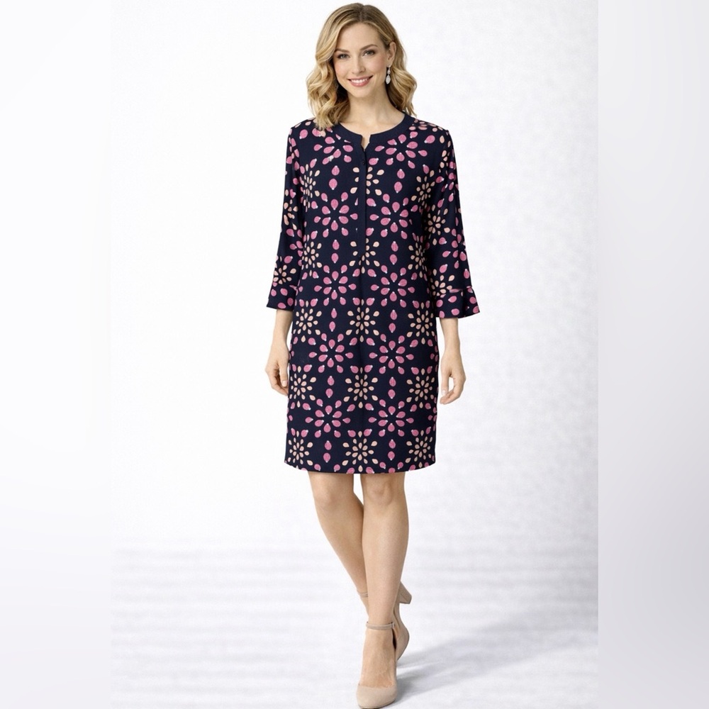 Crown & Ivy Dress Lady Bugs Pink Blue L Large 3/4 Long Sleeve Shift Washable